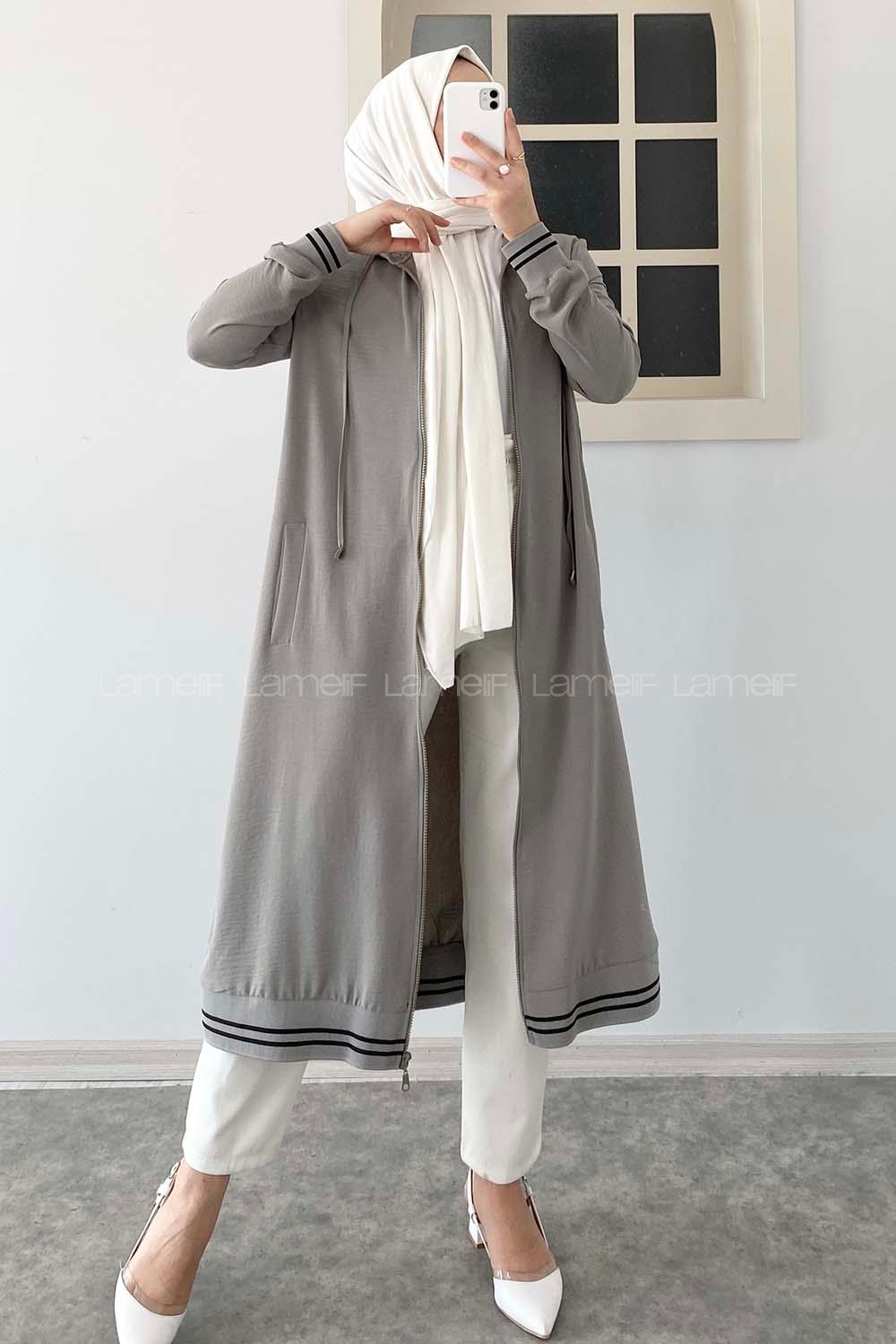 Modalamelif Kol ve Etek Lastikli Önü Fermuarlı Kapüşonlu Tunik Gri
