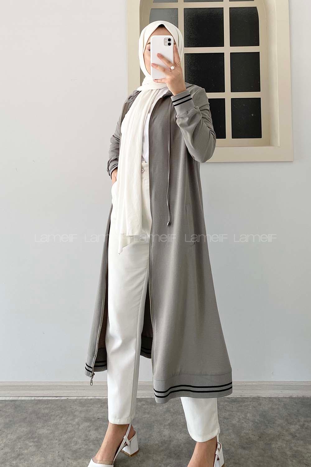 Modalamelif Kol ve Etek Lastikli Önü Fermuarlı Kapüşonlu Tunik Gri