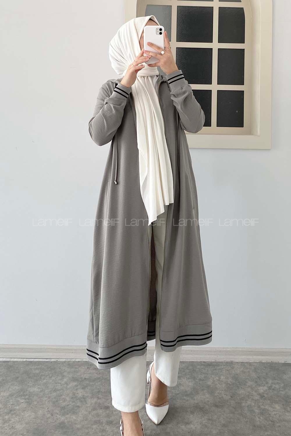 Modalamelif Kol ve Etek Lastikli Önü Fermuarlı Kapüşonlu Tunik Gri