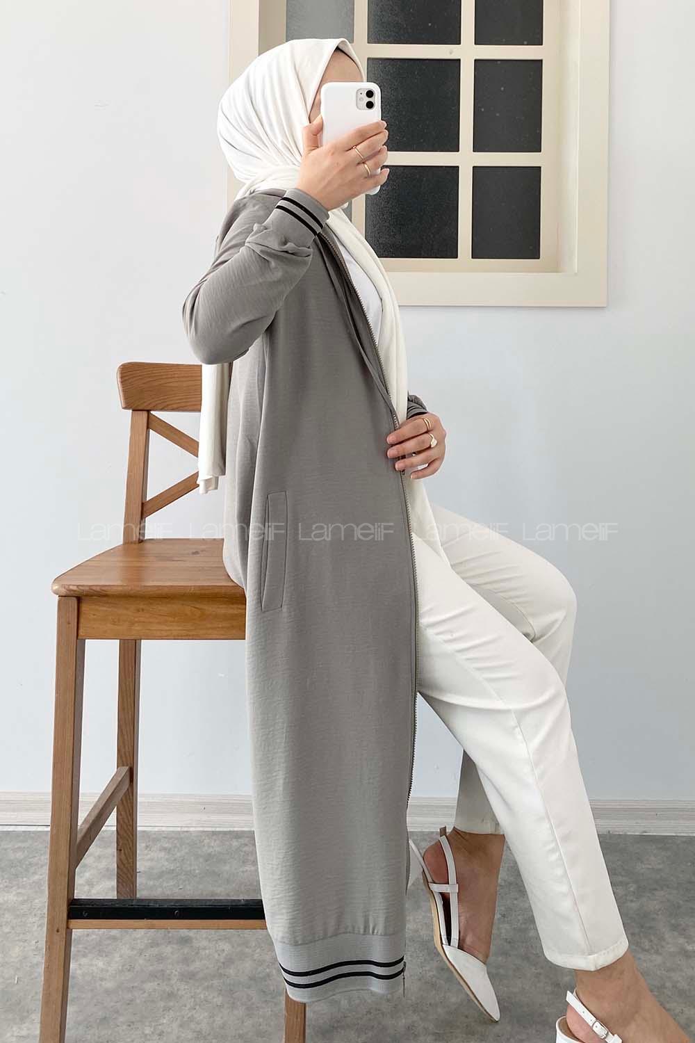 Modalamelif Kol ve Etek Lastikli Önü Fermuarlı Kapüşonlu Tunik Gri