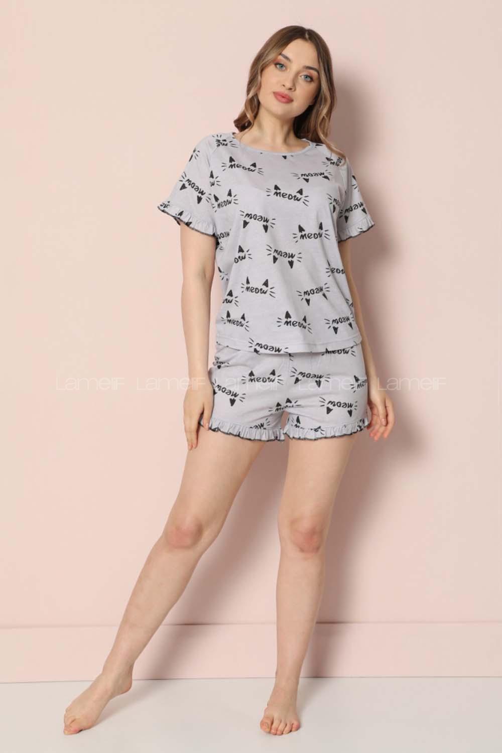 Modalamelif Meow Yazılı Şortlu Takım Gri