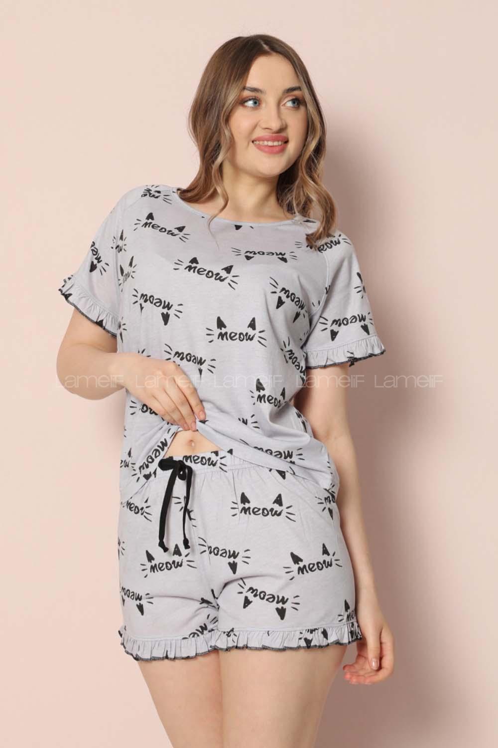 Modalamelif Meow Yazılı Şortlu Takım Gri