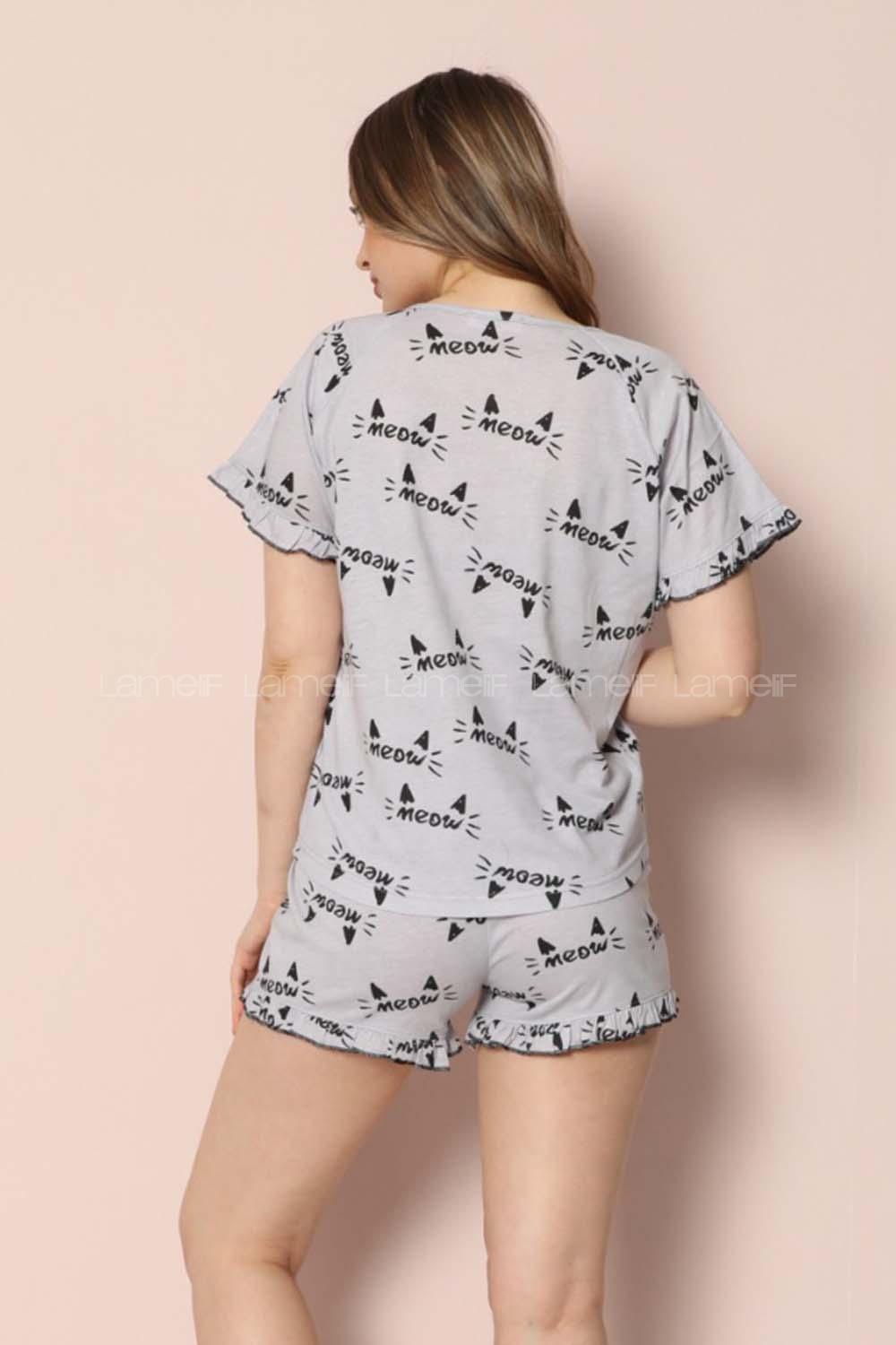 Modalamelif Meow Yazılı Şortlu Takım Gri