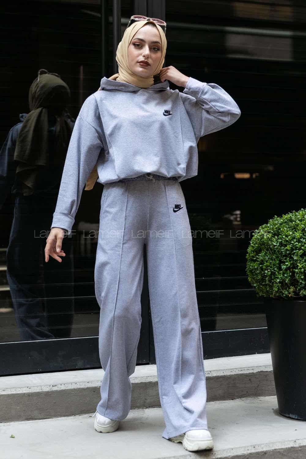 Modalamelif Nıke Nakışlı Kapüşonlu İkili Takım Gri