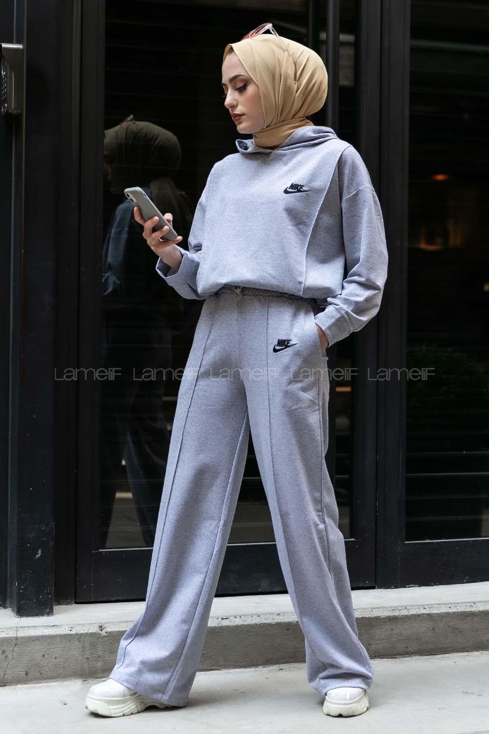 Modalamelif Nıke Nakışlı Kapüşonlu İkili Takım Gri