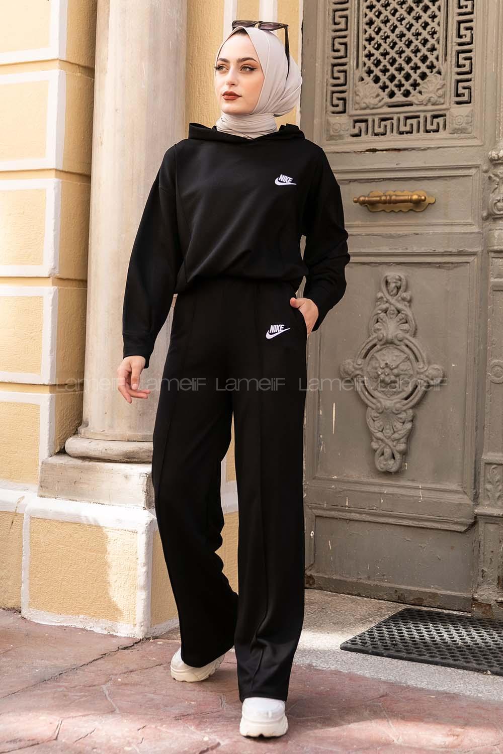 Modalamelif Nıke Nakışlı Kapüşonlu İkili Takım Siyah