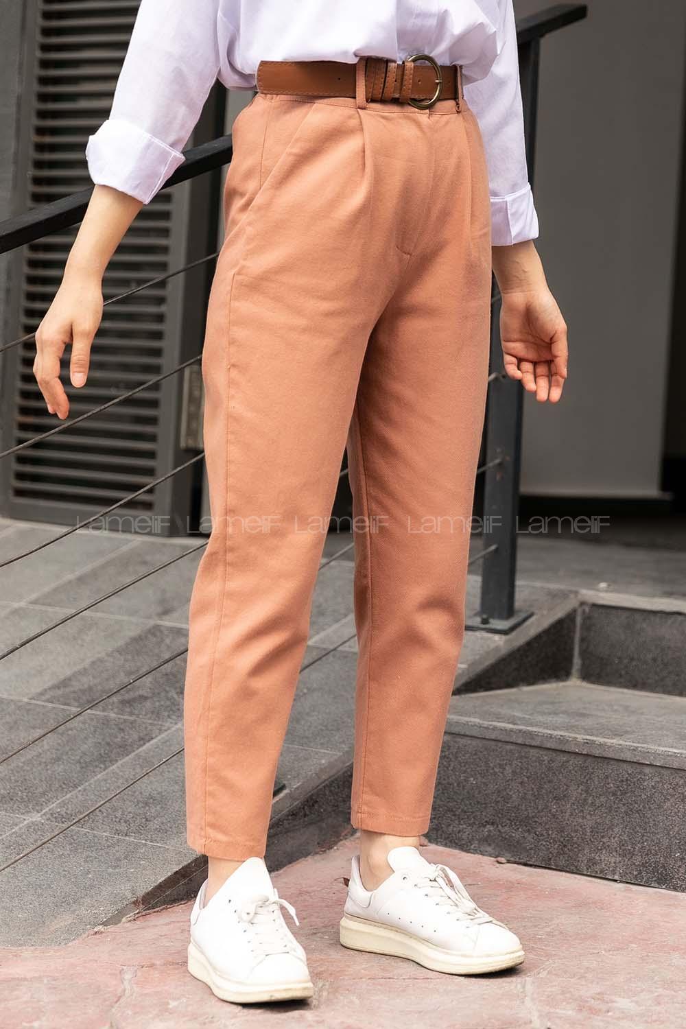 Modalamelif  Ön Pileli Beli Kemer Detaylı Pantolon Kiremit