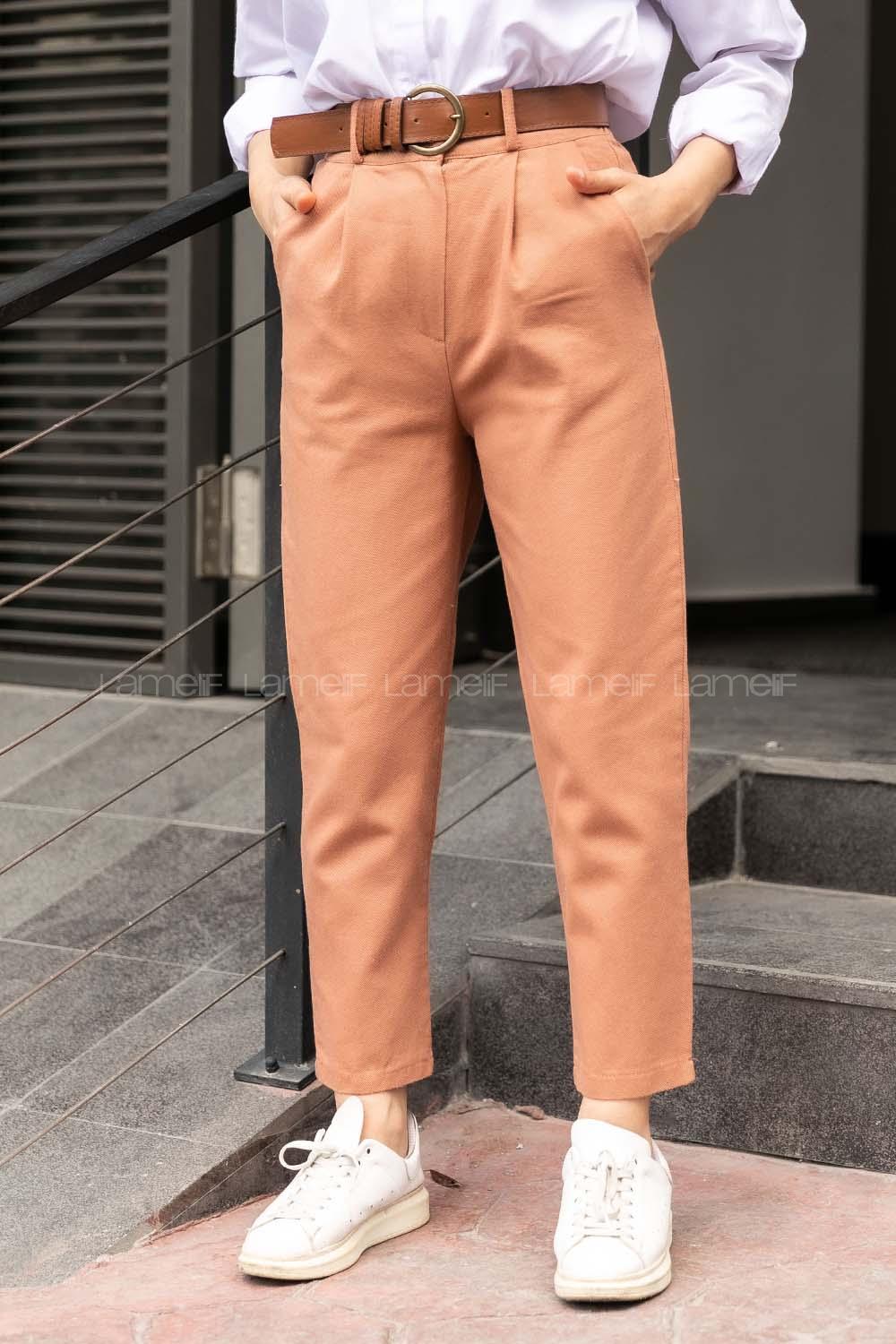 Modalamelif  Ön Pileli Beli Kemer Detaylı Pantolon Kiremit