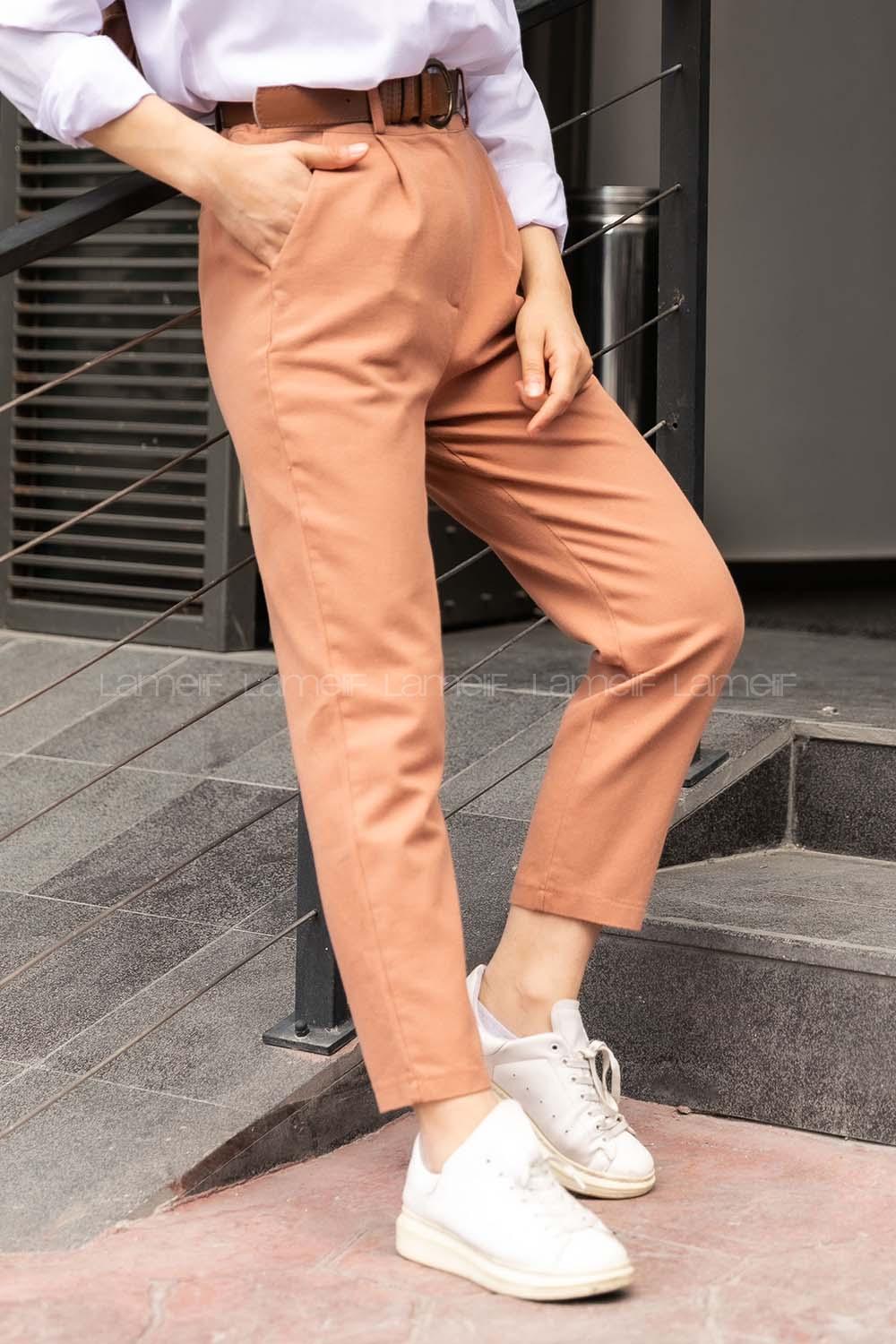 Modalamelif  Ön Pileli Beli Kemer Detaylı Pantolon Kiremit