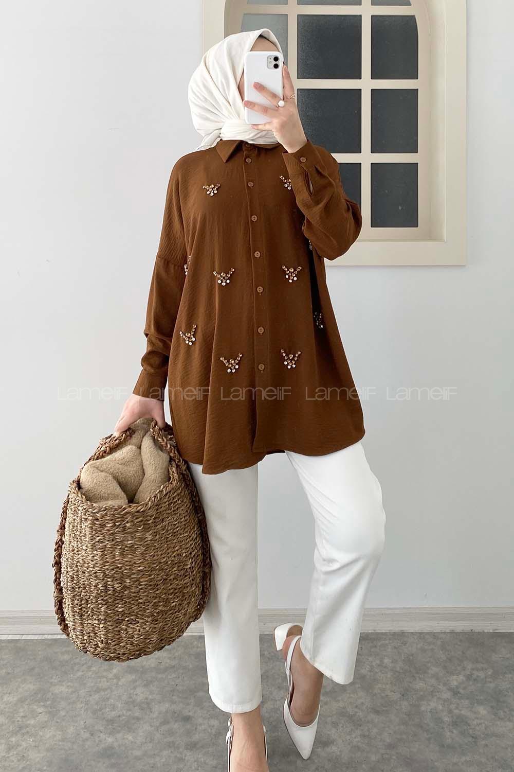 Modalamelif Önü Boydan Düğmeli Taş Modelli Gömlek Acı Kahve