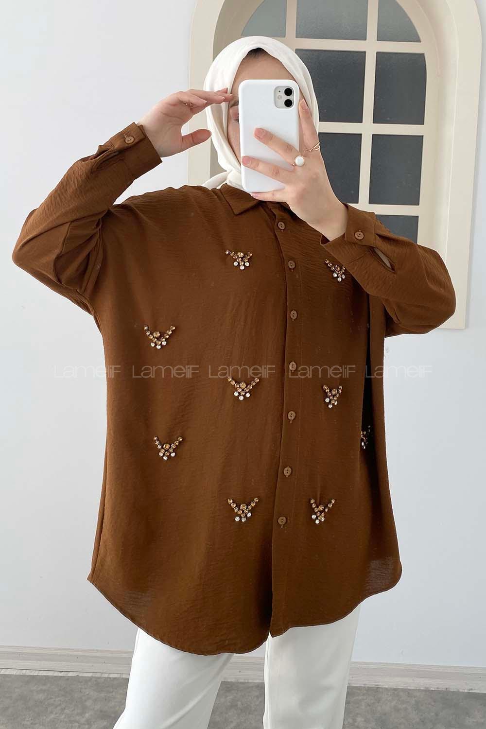 Modalamelif Önü Boydan Düğmeli Taş Modelli Gömlek Acı Kahve