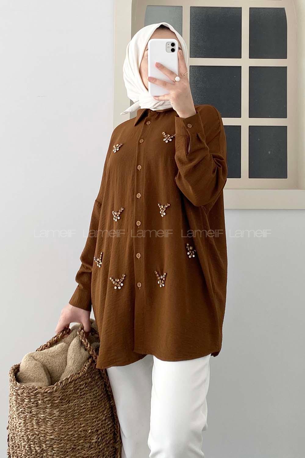 Modalamelif Önü Boydan Düğmeli Taş Modelli Gömlek Acı Kahve