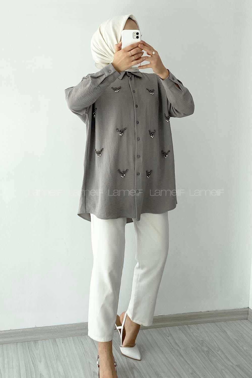 Modalamelif Önü Boydan Düğmeli Taş Modelli Gömlek Gri