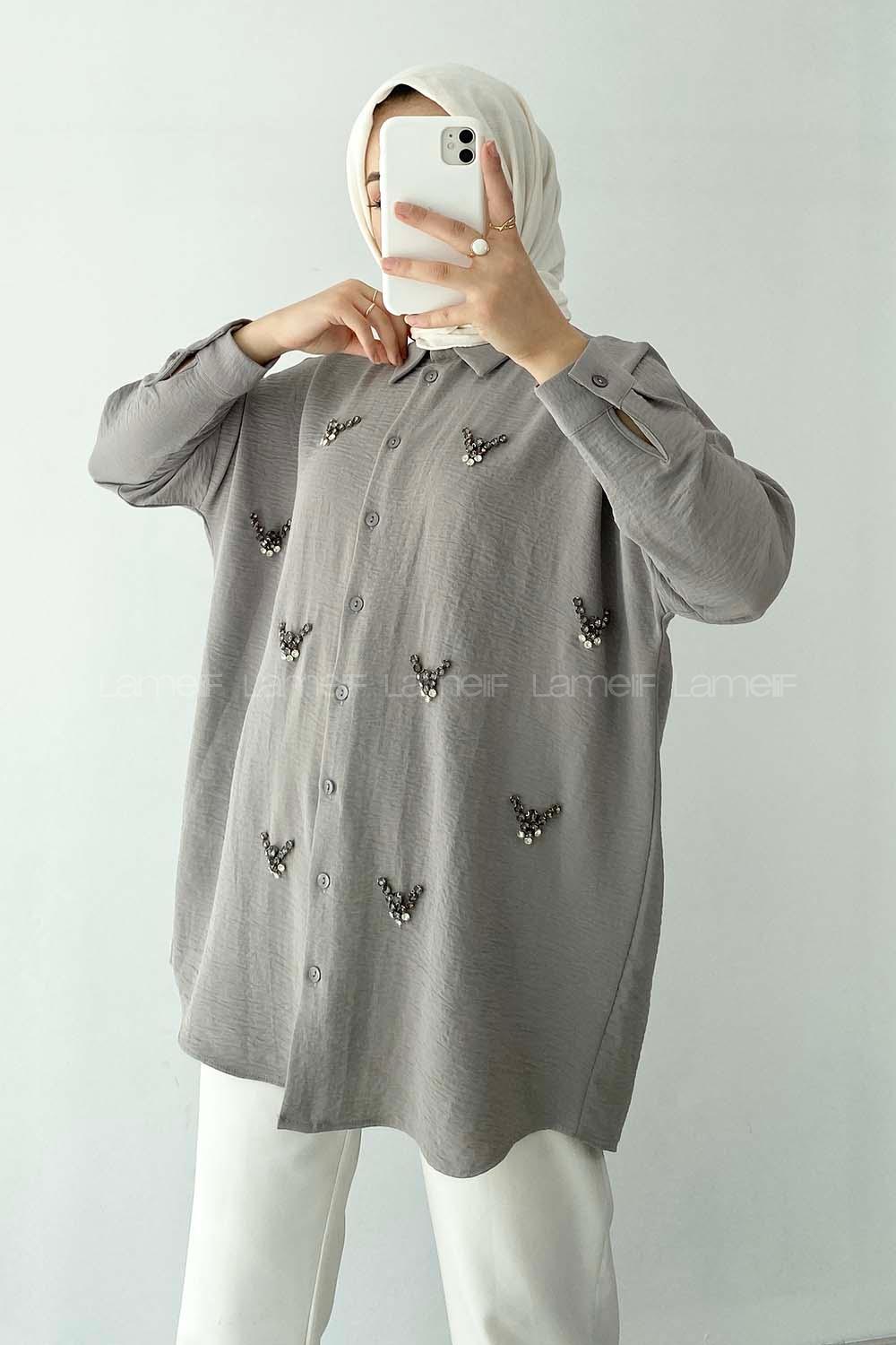 Modalamelif Önü Boydan Düğmeli Taş Modelli Gömlek Gri