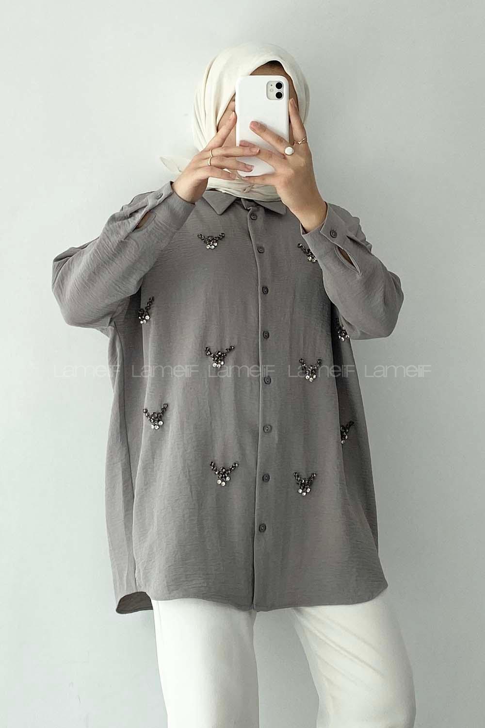 Modalamelif Önü Boydan Düğmeli Taş Modelli Gömlek Gri