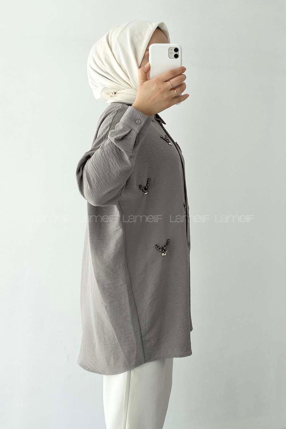 Modalamelif Önü Boydan Düğmeli Taş Modelli Gömlek Gri