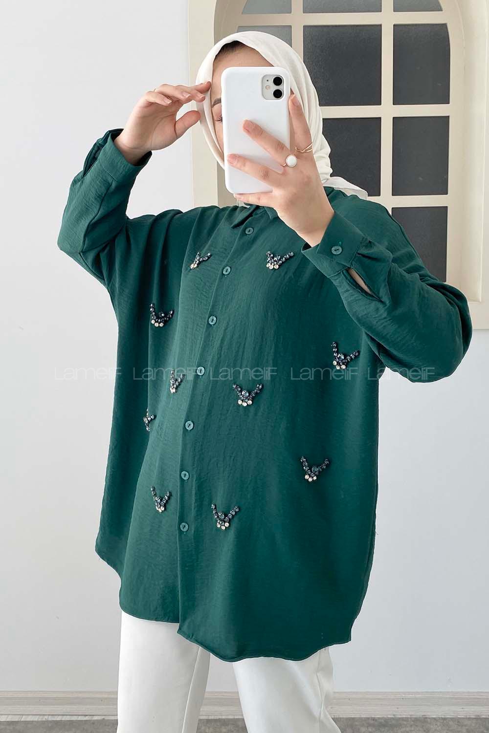 Modalamelif Önü Boydan Düğmeli Taş Modelli Gömlek Zümrüt
