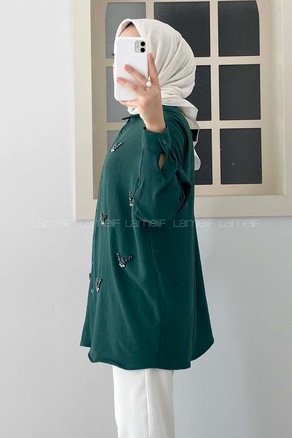 Modalamelif Önü Boydan Düğmeli Taş Modelli Gömlek Zümrüt