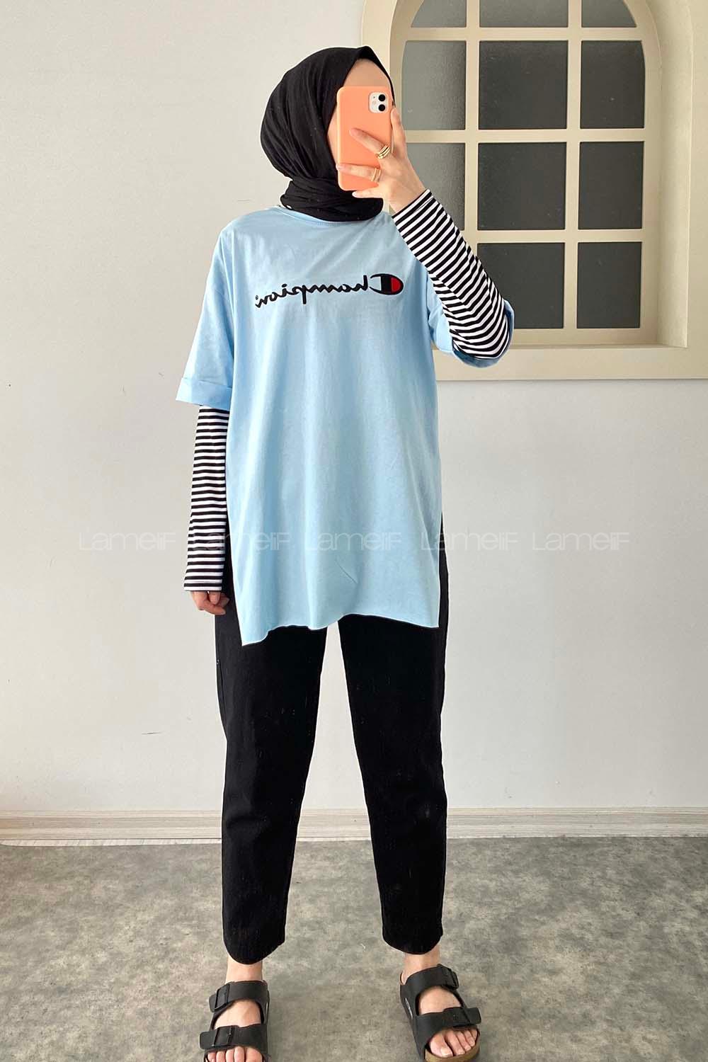 Modalamelif Önü Champion Nakışlı Bisiklet Yaka T-Shirt Açık Mavi