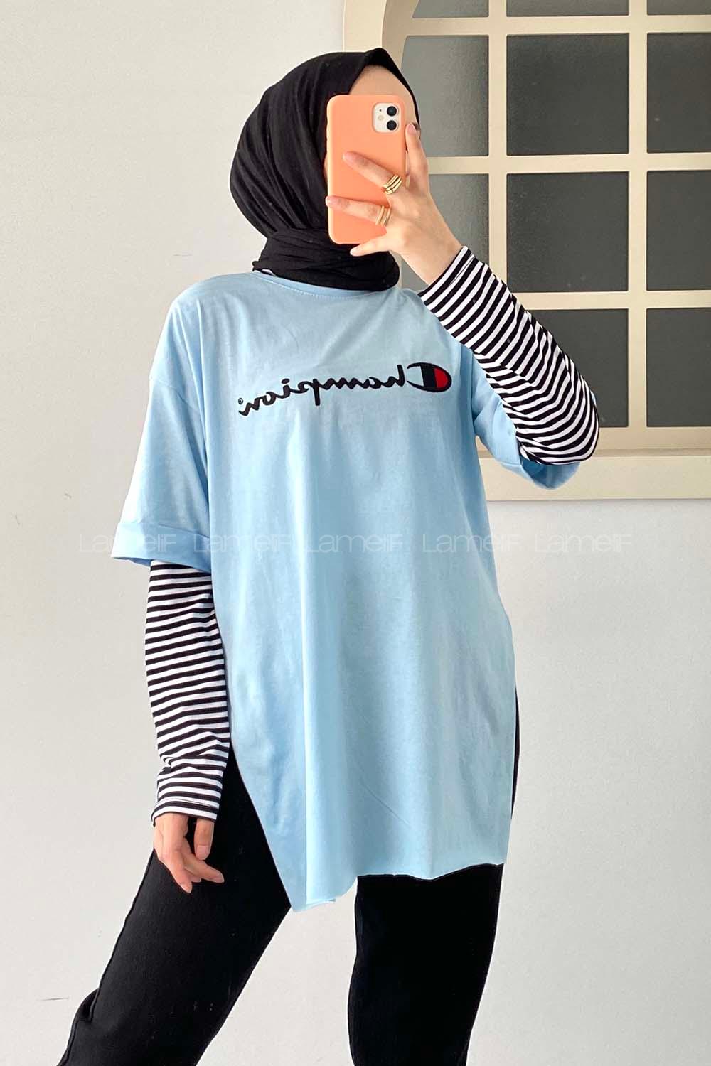 Modalamelif Önü Champion Nakışlı Bisiklet Yaka T-Shirt Açık Mavi