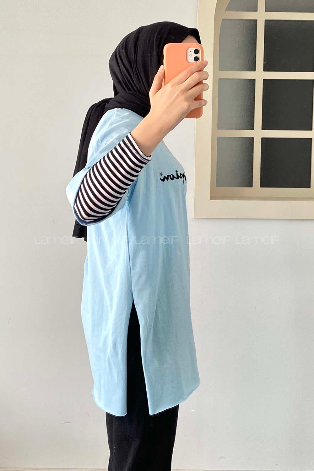 Modalamelif Önü Champion Nakışlı Bisiklet Yaka T-Shirt Açık Mavi