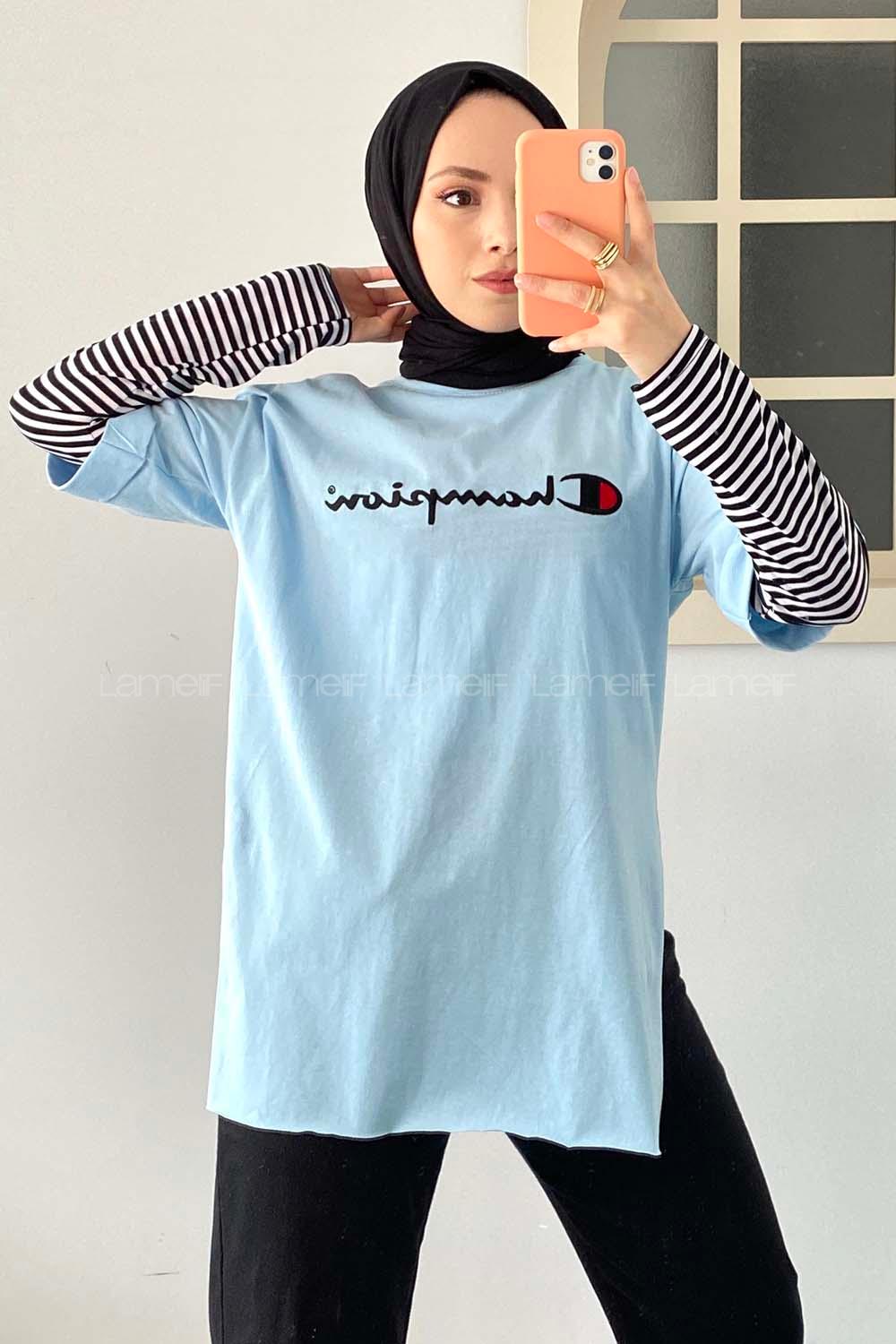 Modalamelif Önü Champion Nakışlı Bisiklet Yaka T-Shirt Açık Mavi