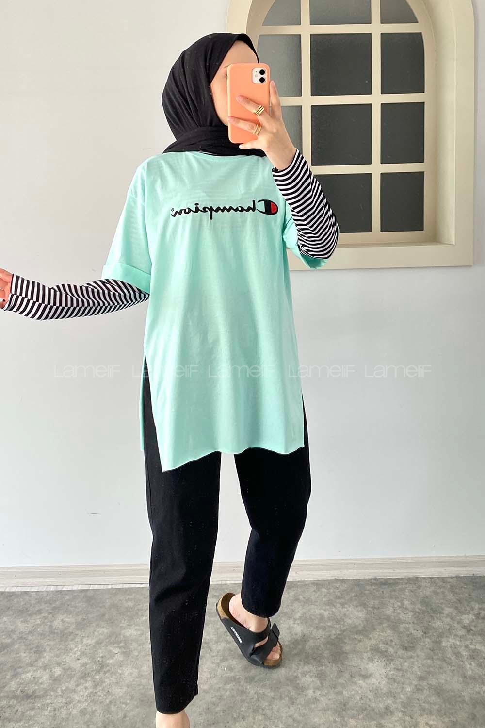 Modalamelif Önü Champion Nakışlı Bisiklet Yaka T-Shirt Mint