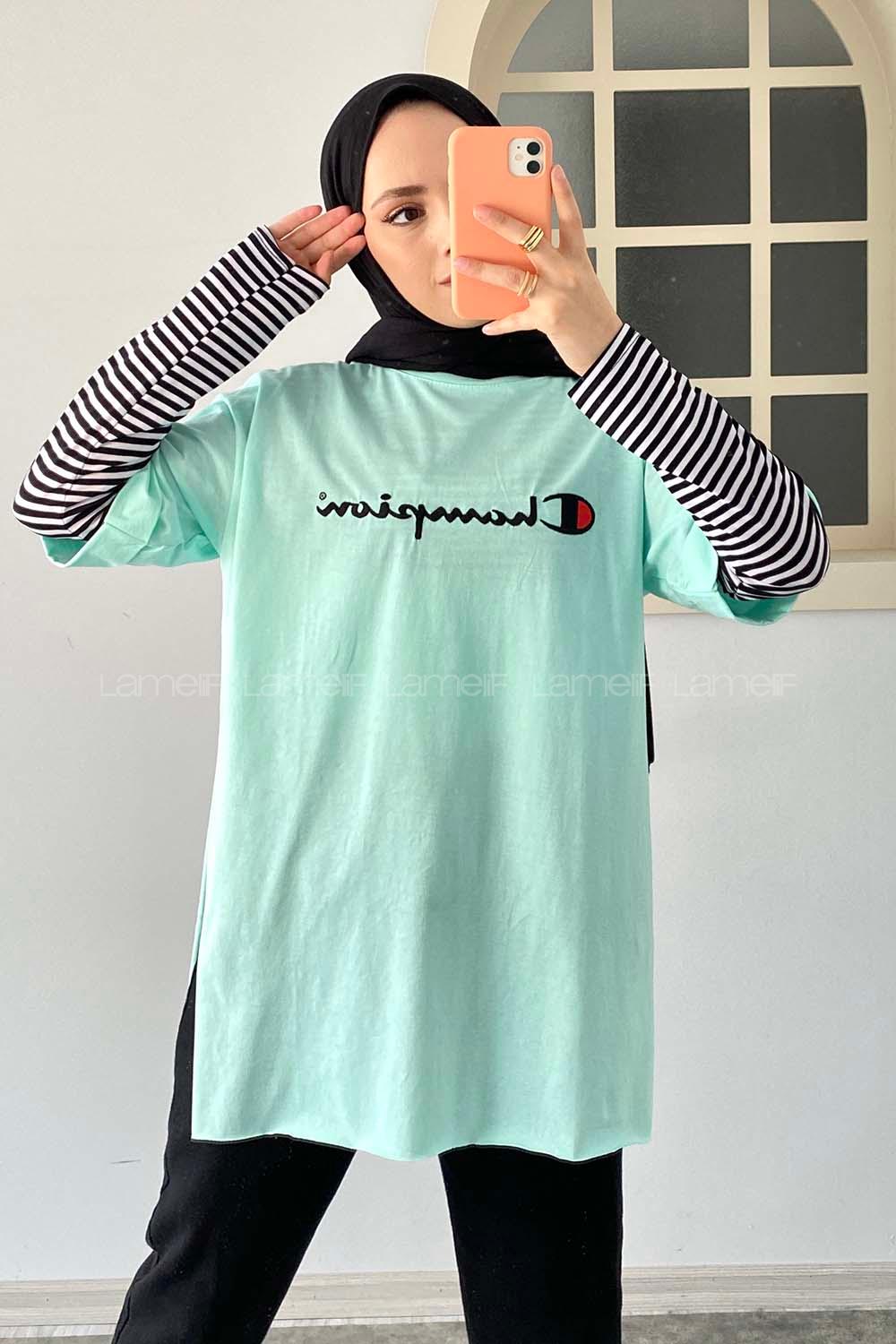 Modalamelif Önü Champion Nakışlı Bisiklet Yaka T-Shirt Mint