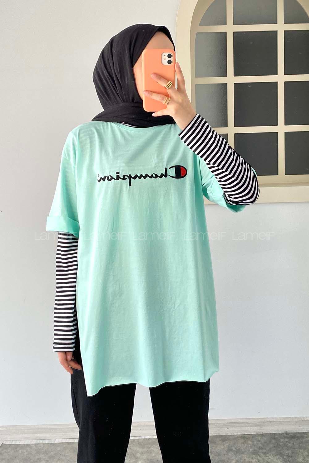 Modalamelif Önü Champion Nakışlı Bisiklet Yaka T-Shirt Mint