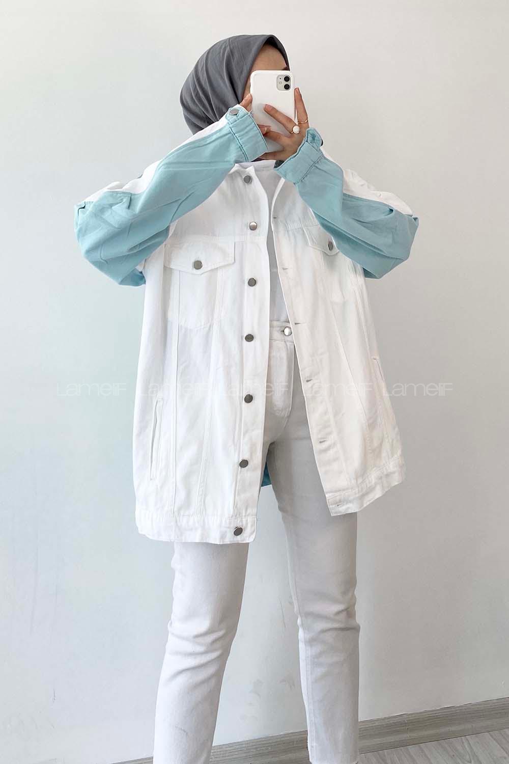 Modalamelif Önü Cıt Cıt Düğmeli Gizli Cepli Garnili Ceket Ekru-Mavi