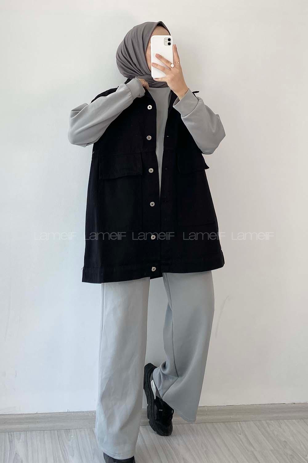 Modalamelif Önü Düğmeli Kapak Cep Aksesuarlı Kot Yelek Siyah