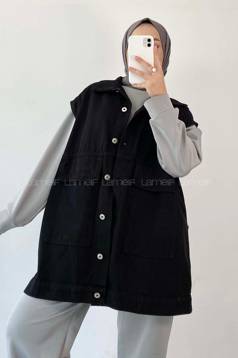 Modalamelif Önü Düğmeli Kapak Cep Aksesuarlı Kot Yelek Siyah