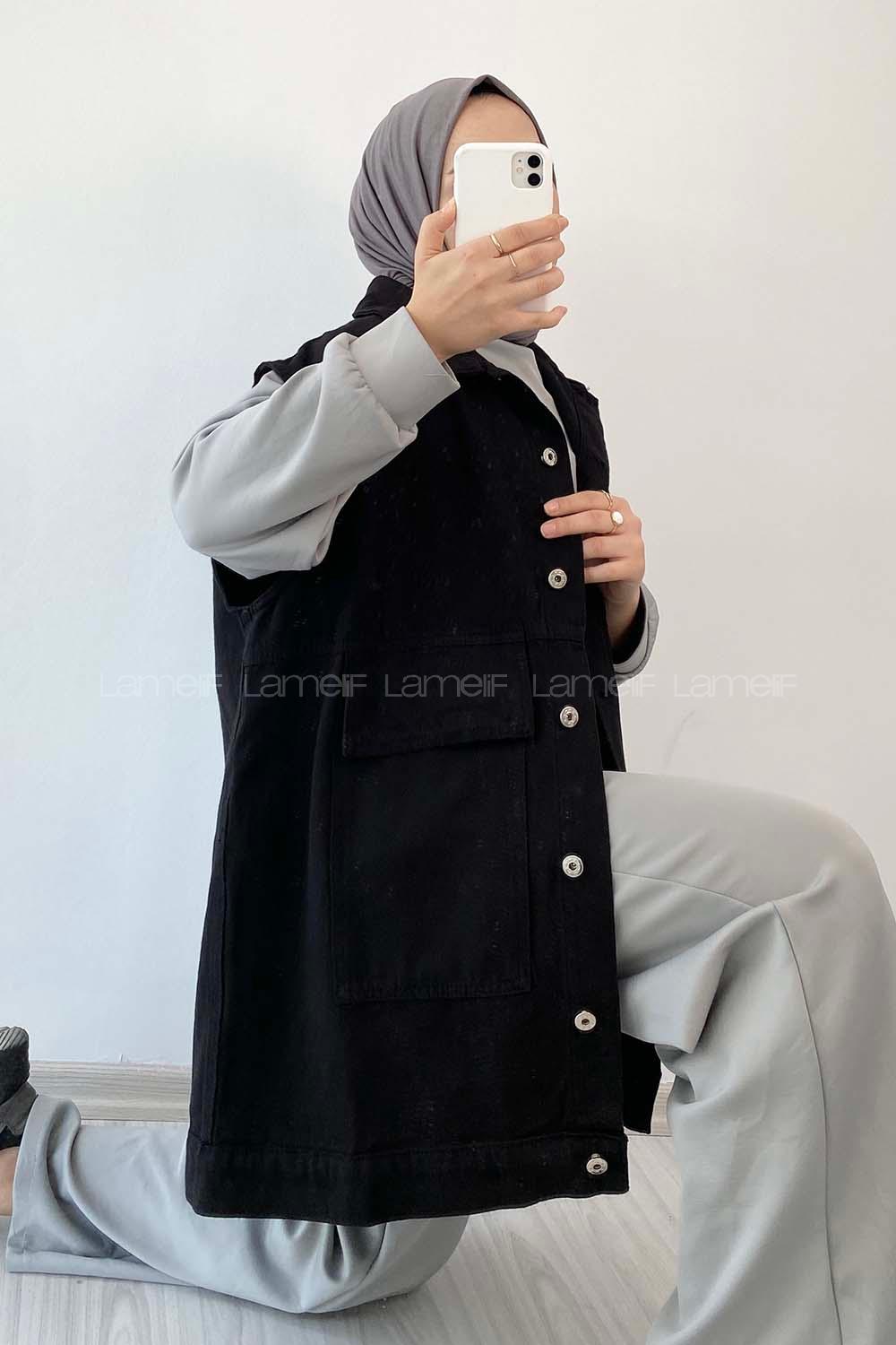 Modalamelif Önü Düğmeli Kapak Cep Aksesuarlı Kot Yelek Siyah