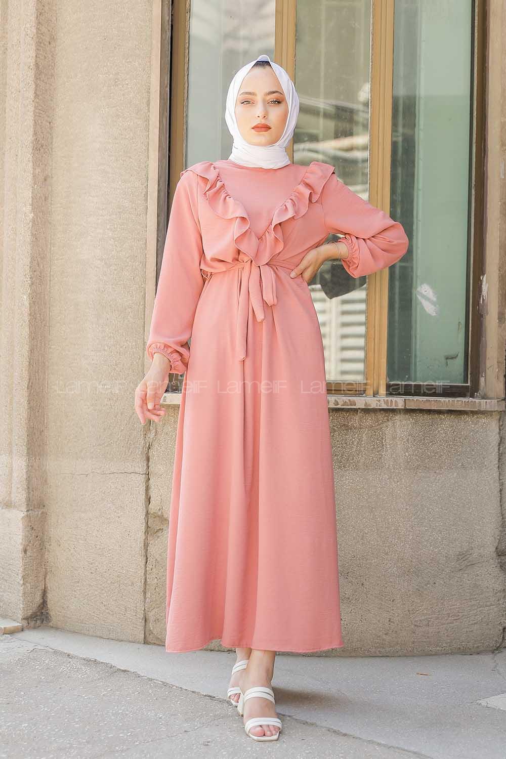 Modalamelif Önü Fırfırlı Kuşaklı Elbise Pudra
