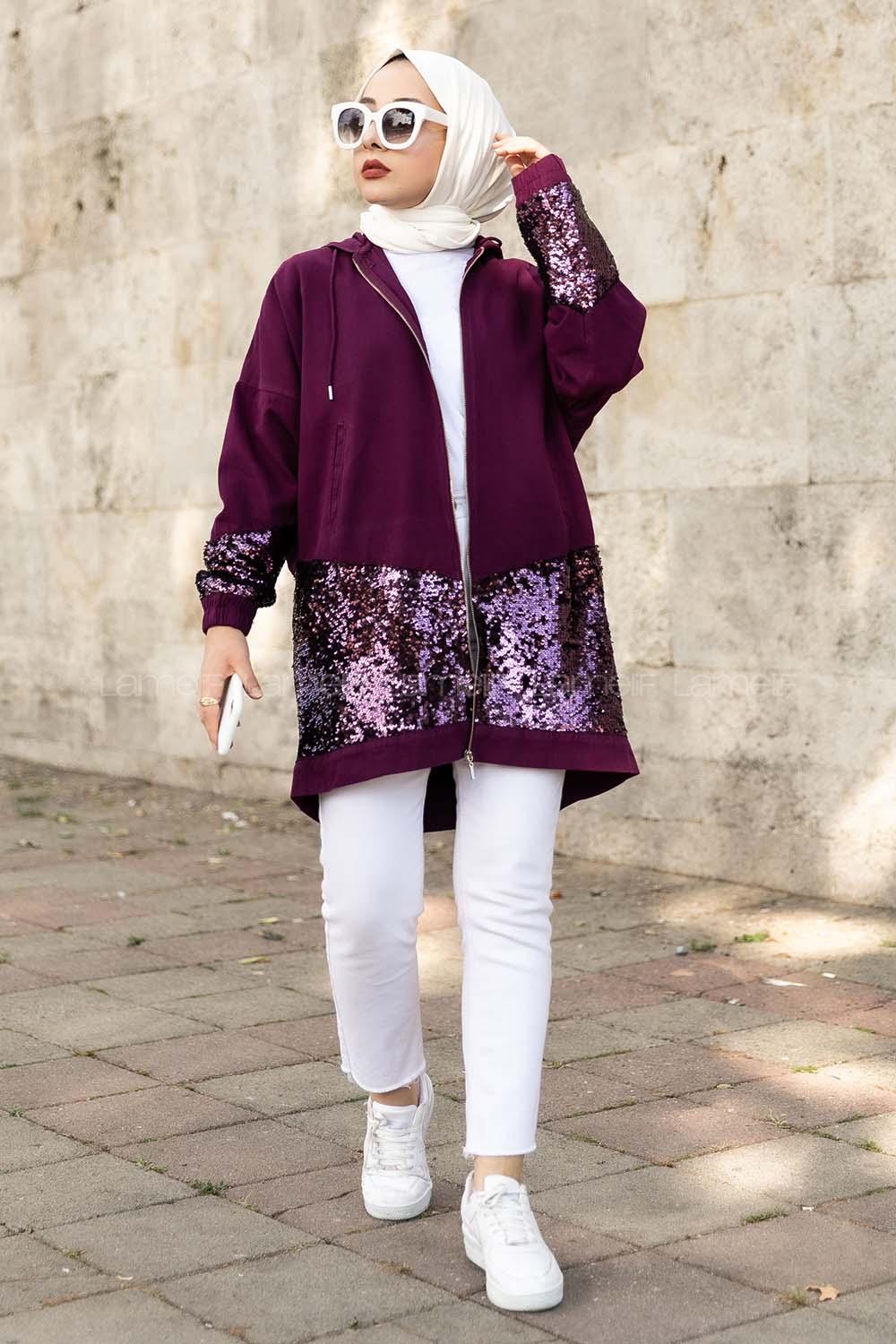 Modalamelif Önü Pul Payet Detaylı  Kapüşonlu Ceket Mor