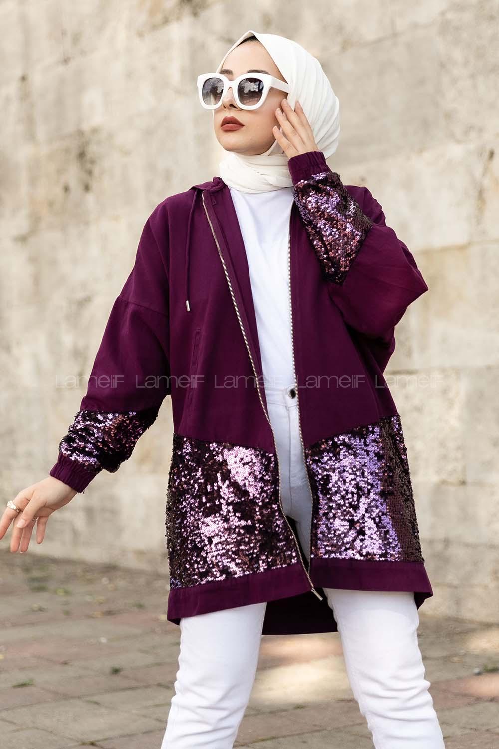 Modalamelif Önü Pul Payet Detaylı  Kapüşonlu Ceket Mor