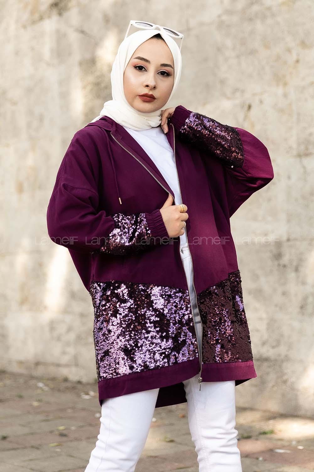 Modalamelif Önü Pul Payet Detaylı  Kapüşonlu Ceket Mor