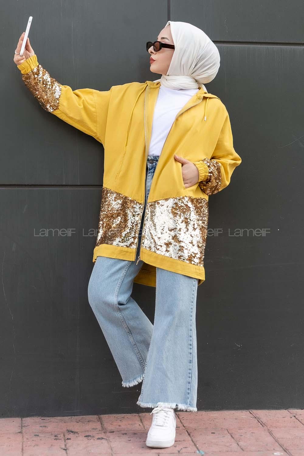 Modalamelif Önü Pul Payet Detaylı  Kapüşonlu Ceket Sarı