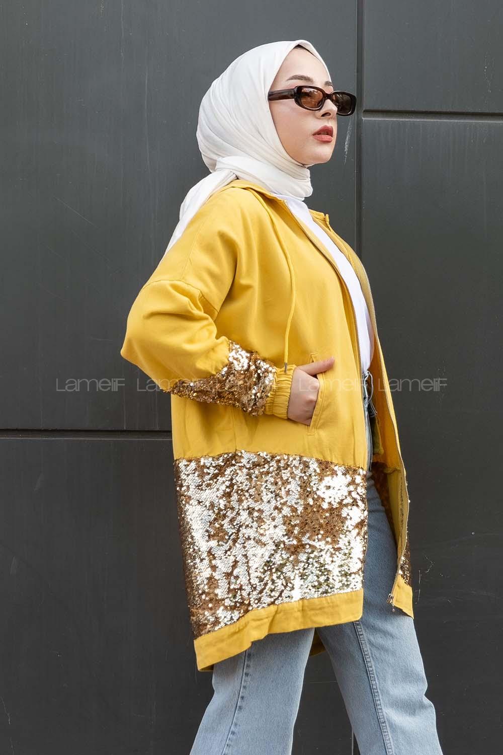 Modalamelif Önü Pul Payet Detaylı  Kapüşonlu Ceket Sarı