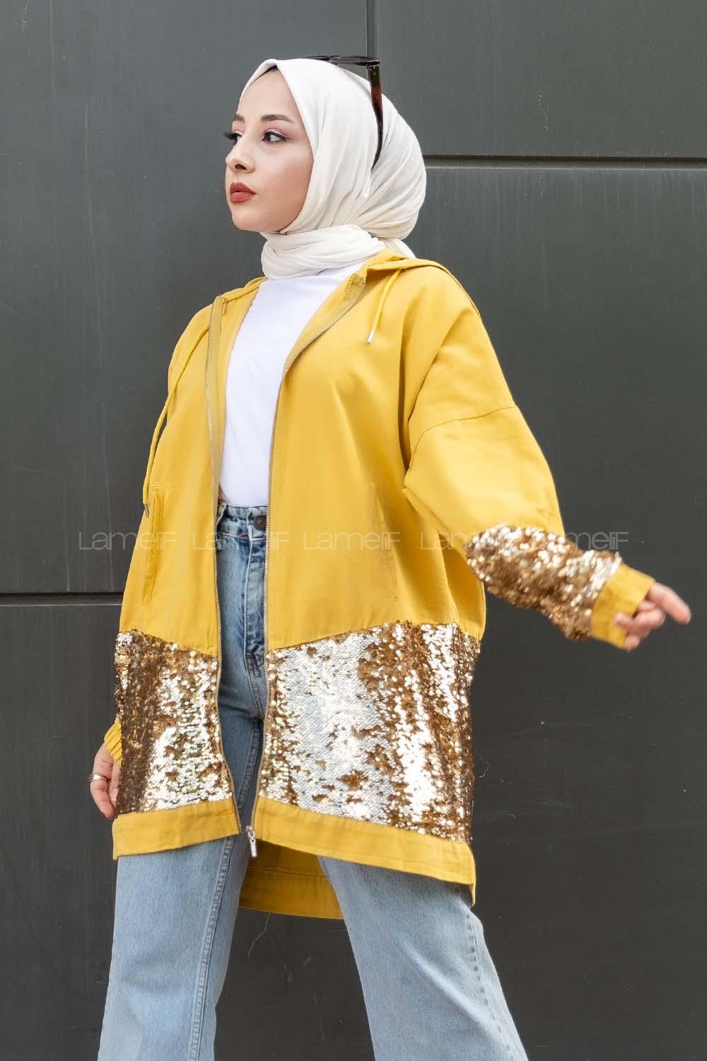 Modalamelif Önü Pul Payet Detaylı  Kapüşonlu Ceket Sarı