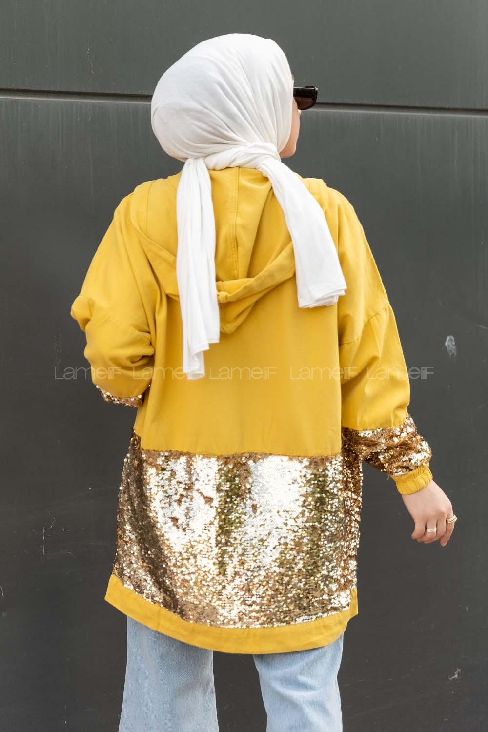 Modalamelif Önü Pul Payet Detaylı  Kapüşonlu Ceket Sarı