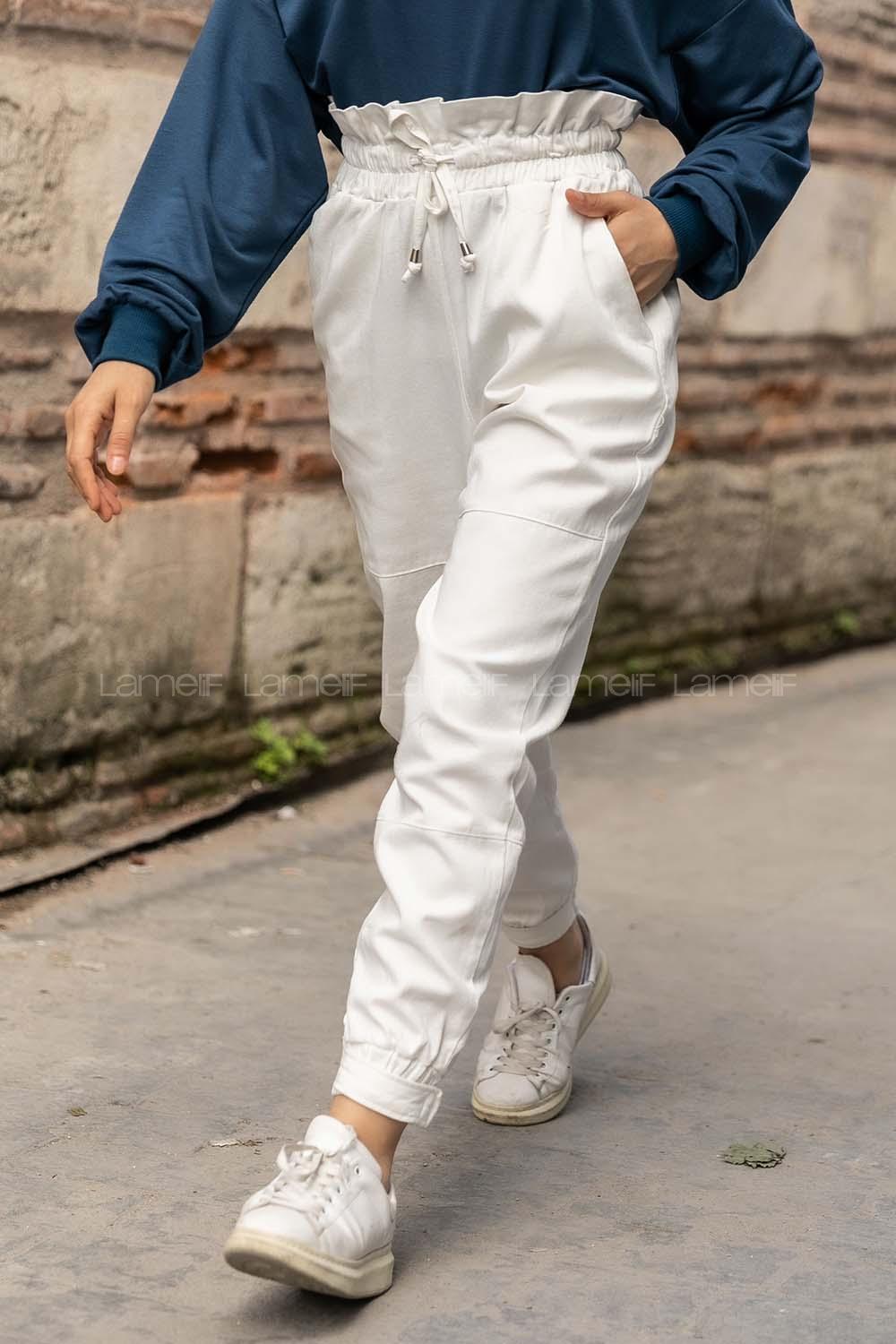 Modalamelif Paçası Cırt Bantlı Gabardin Pantolon Ekru