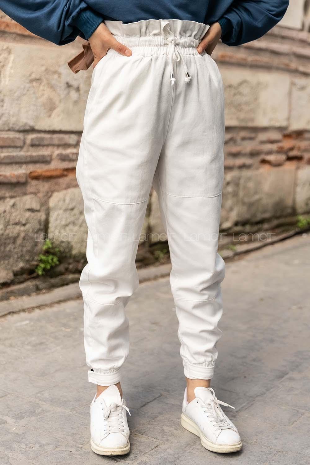 Modalamelif Paçası Cırt Bantlı Gabardin Pantolon Ekru