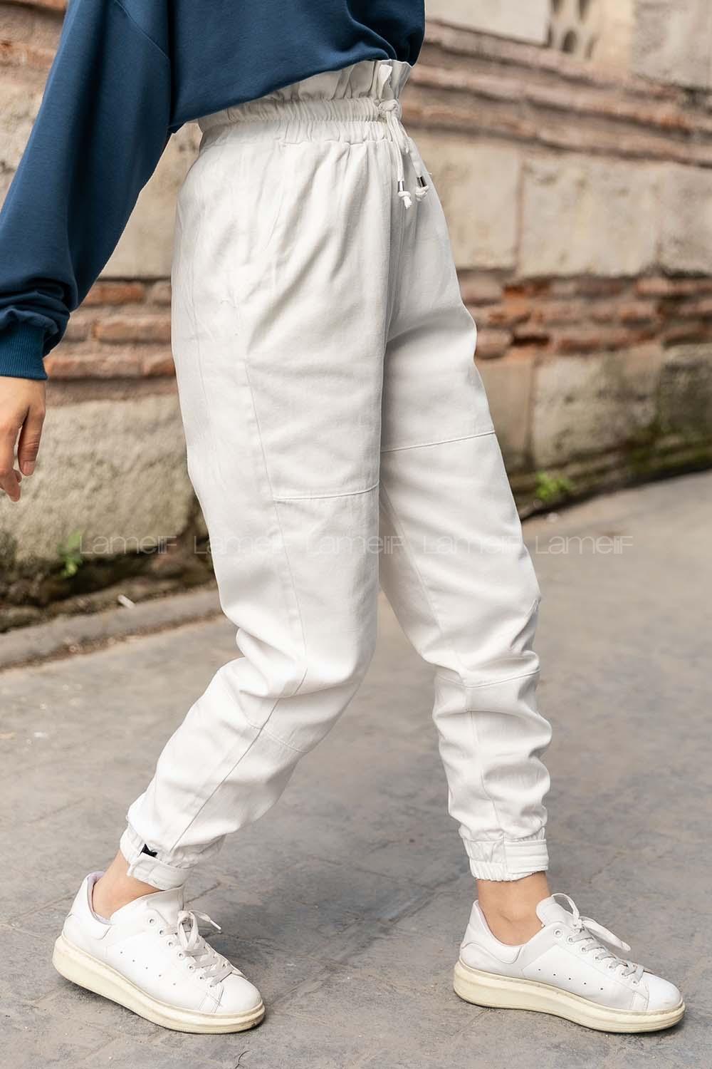 Modalamelif Paçası Cırt Bantlı Gabardin Pantolon Ekru