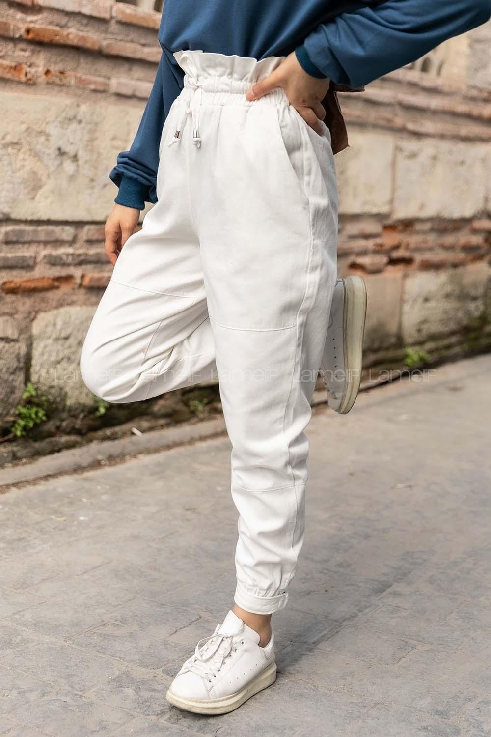 Modalamelif Paçası Cırt Bantlı Gabardin Pantolon Ekru