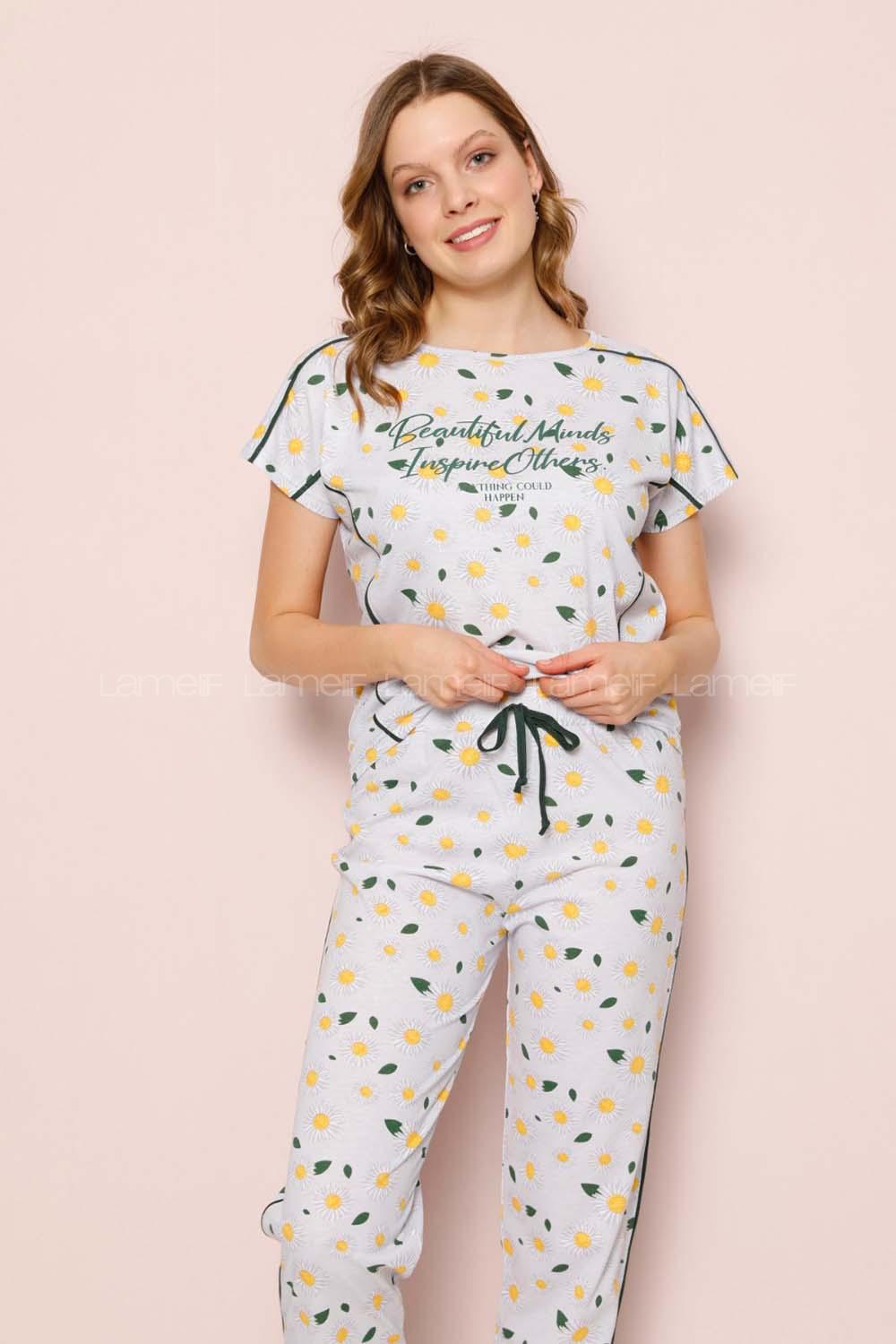 Modalamelif Papatya Desenli Şhort Pijama Takımı Gri