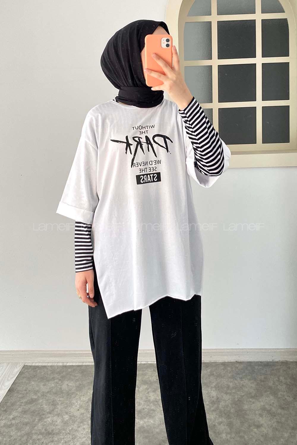 Modalamelif Park Yazılı Yanı Yırtmaçlı  T-Shirt Beyaz