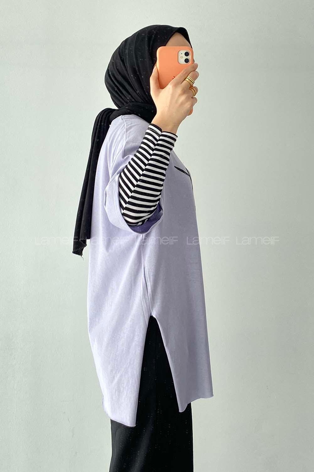 Modalamelif Park Yazılı Yanı Yırtmaçlı  T-Shirt Lila