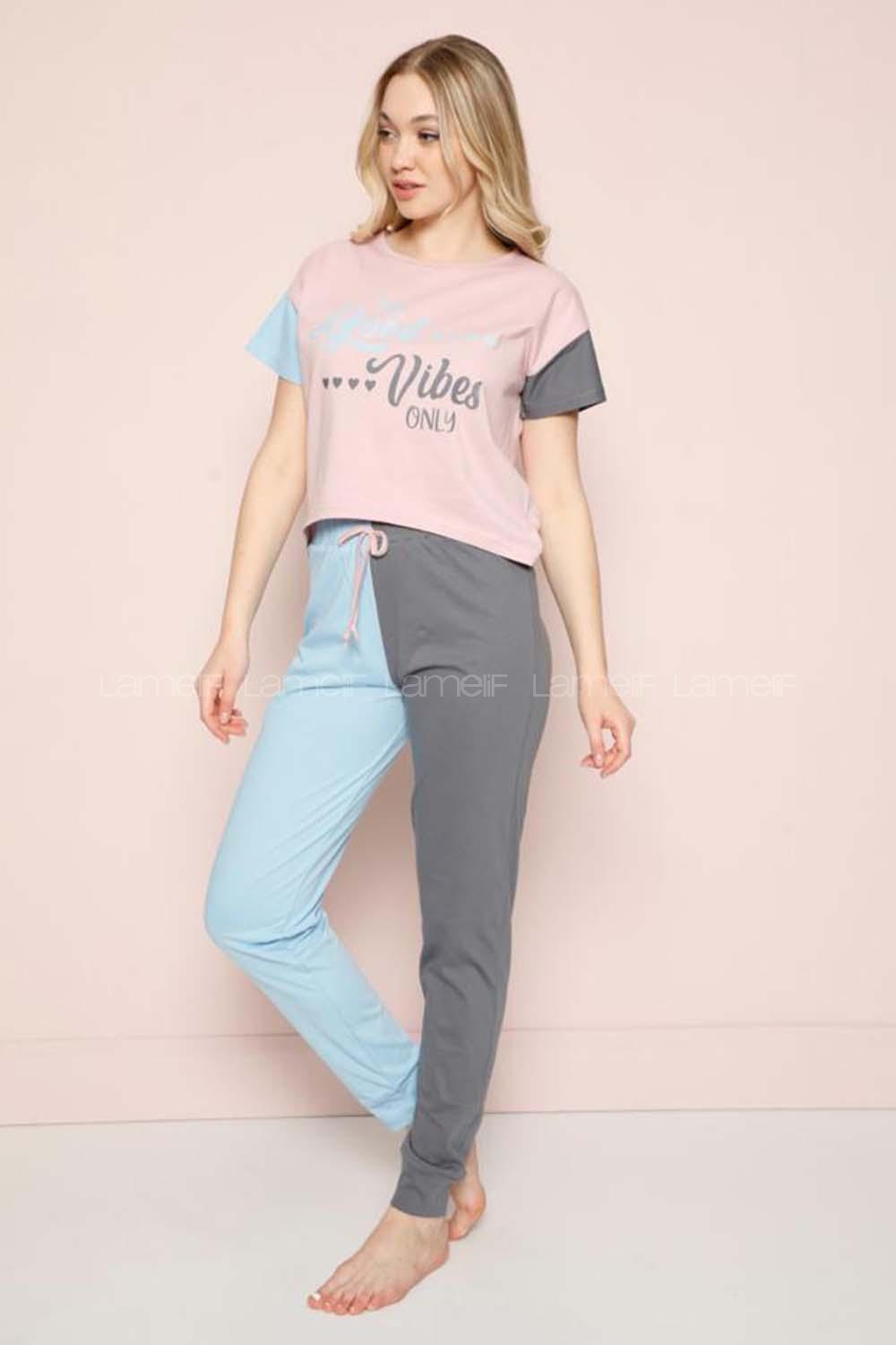 Modalamelif The Good Yazılı Garnili Şhort Pijama Takımı Turkuaz-Gri