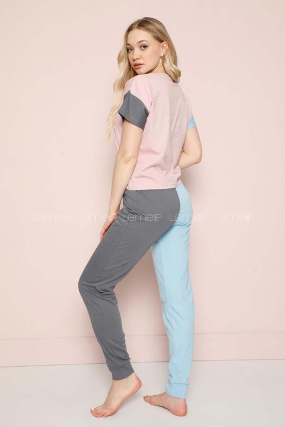 Modalamelif The Good Yazılı Garnili Şhort Pijama Takımı Turkuaz-Gri